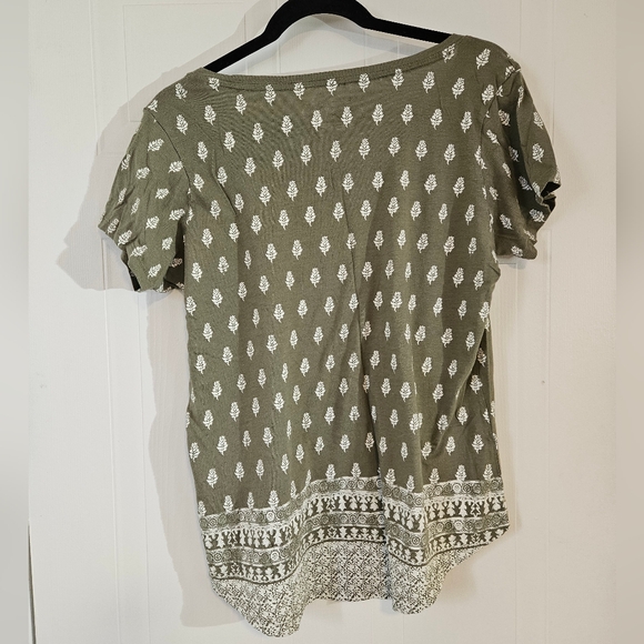 Lucky Brand Womens Large Shirt Top Short Sleeve Green Boho Floral - Picture 2 of 5
